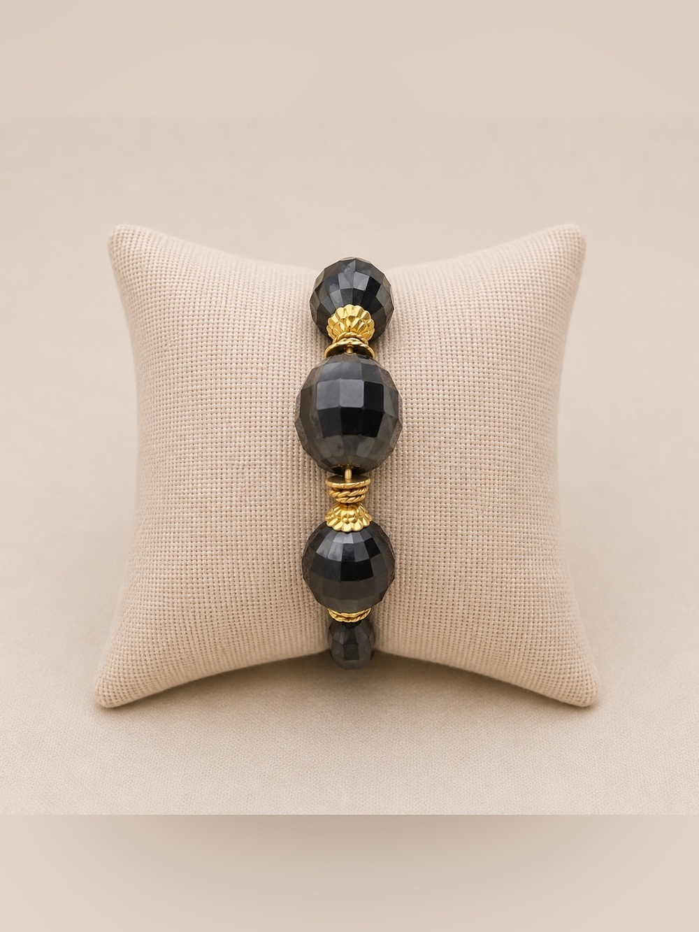 Faceted Black Crystal Stretch Bracelet with Gold Accents